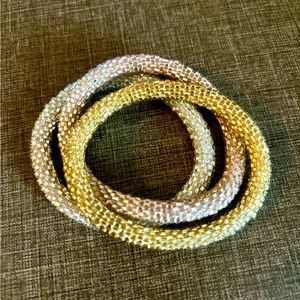 Lily and Laura bracelet stack- silver, gold, rose